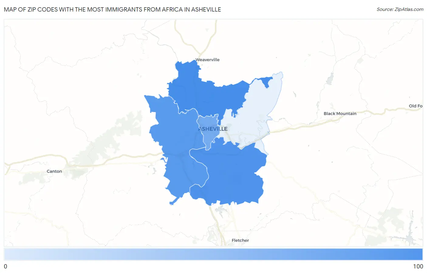 Zip Codes with the Most Immigrants from Africa in Asheville Map