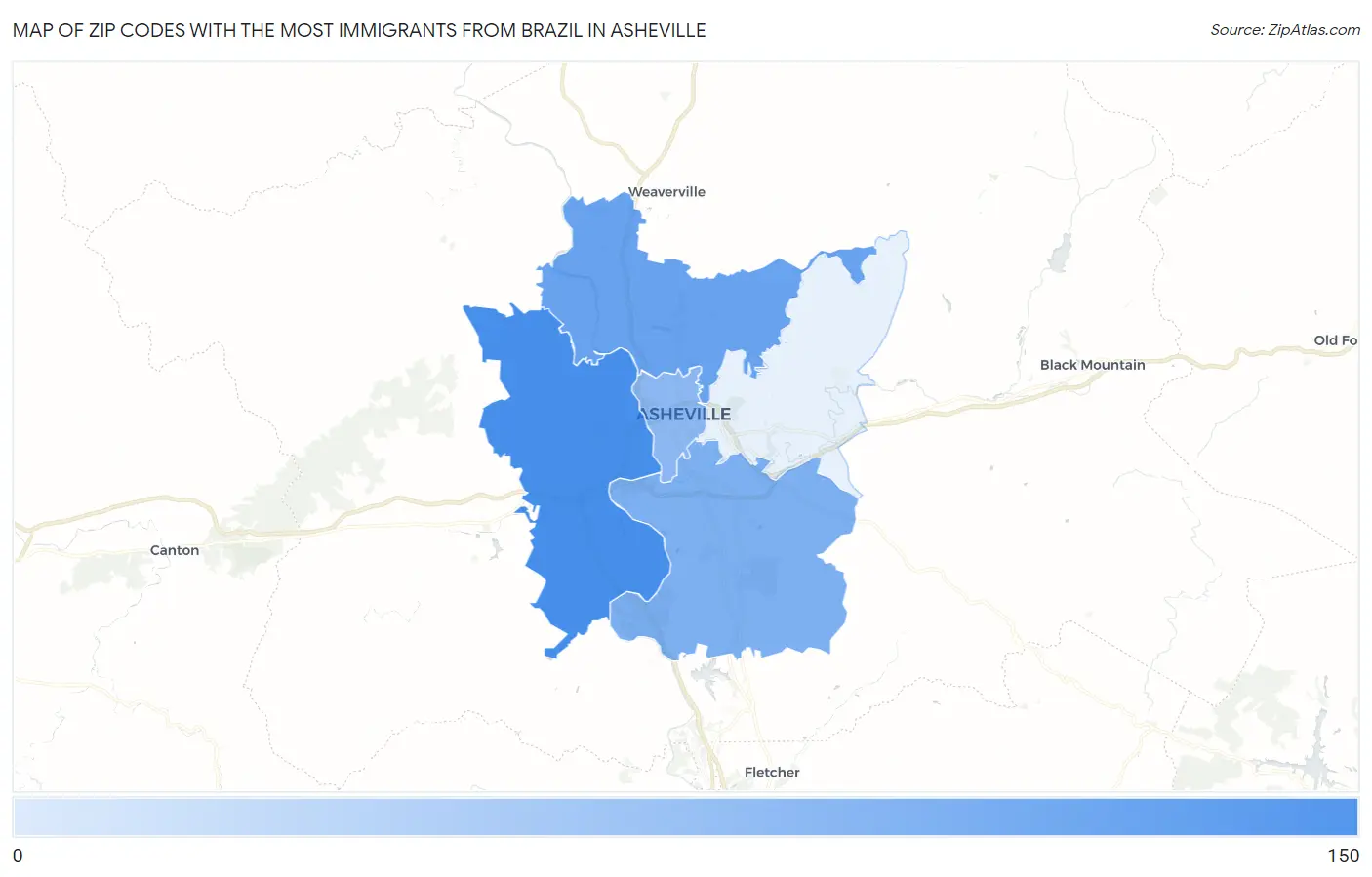 Zip Codes with the Most Immigrants from Brazil in Asheville Map