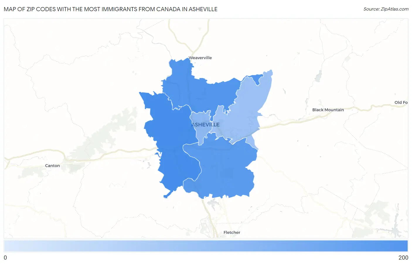 Zip Codes with the Most Immigrants from Canada in Asheville Map