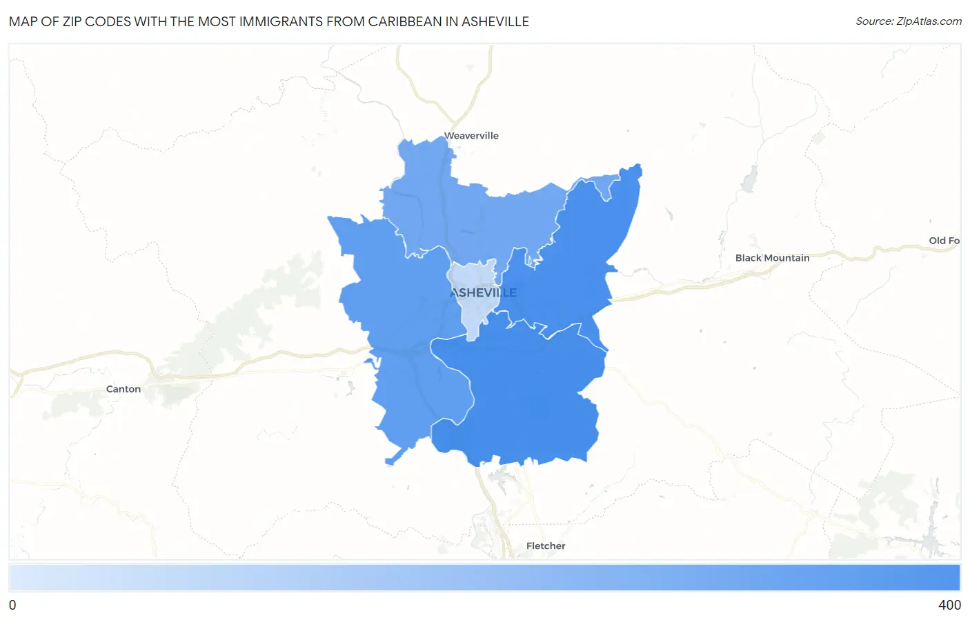 Zip Codes with the Most Immigrants from Caribbean in Asheville Map