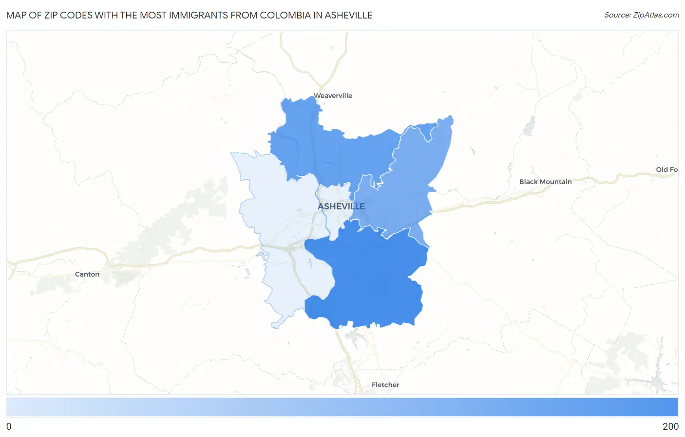 Zip Codes with the Most Immigrants from Colombia in Asheville Map