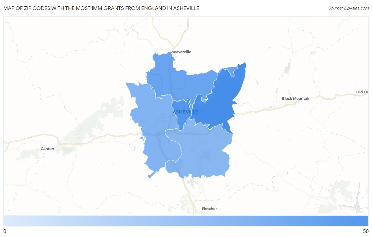 Zip Codes with the Most Immigrants from England in Asheville Map