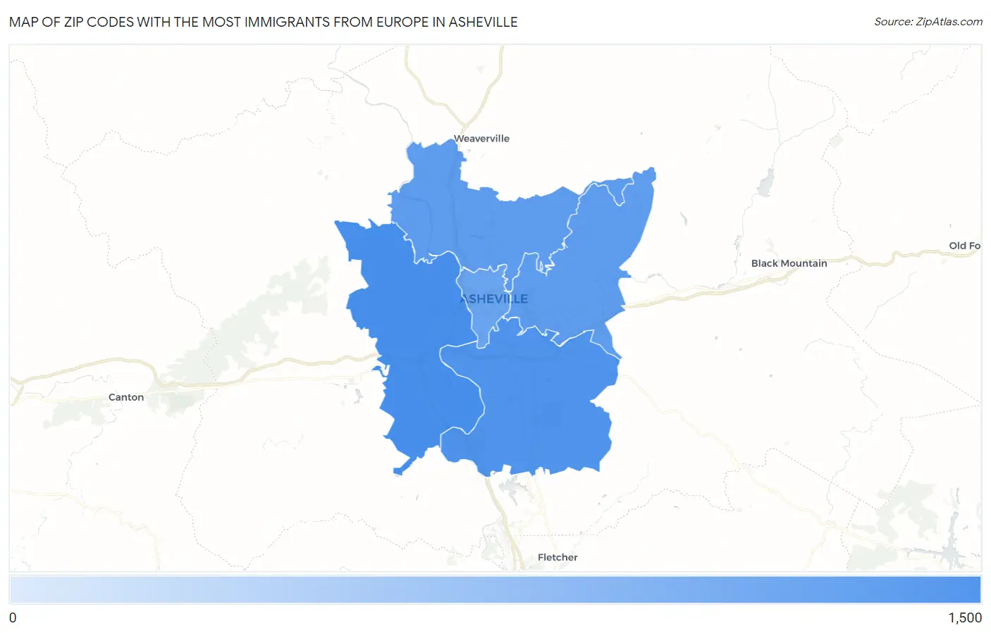 Zip Codes with the Most Immigrants from Europe in Asheville Map