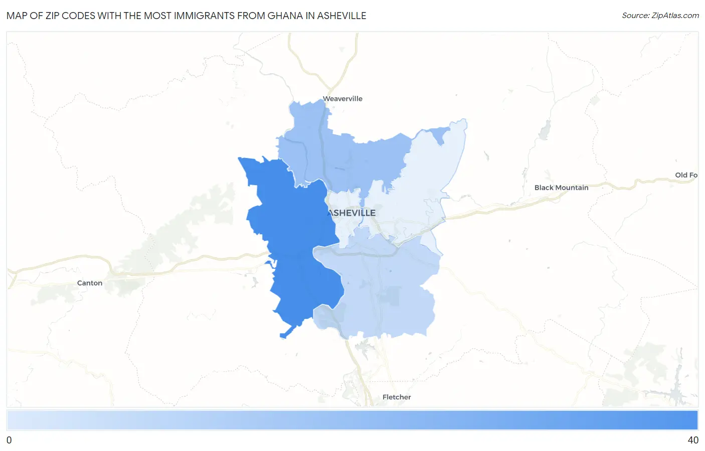 Zip Codes with the Most Immigrants from Ghana in Asheville Map