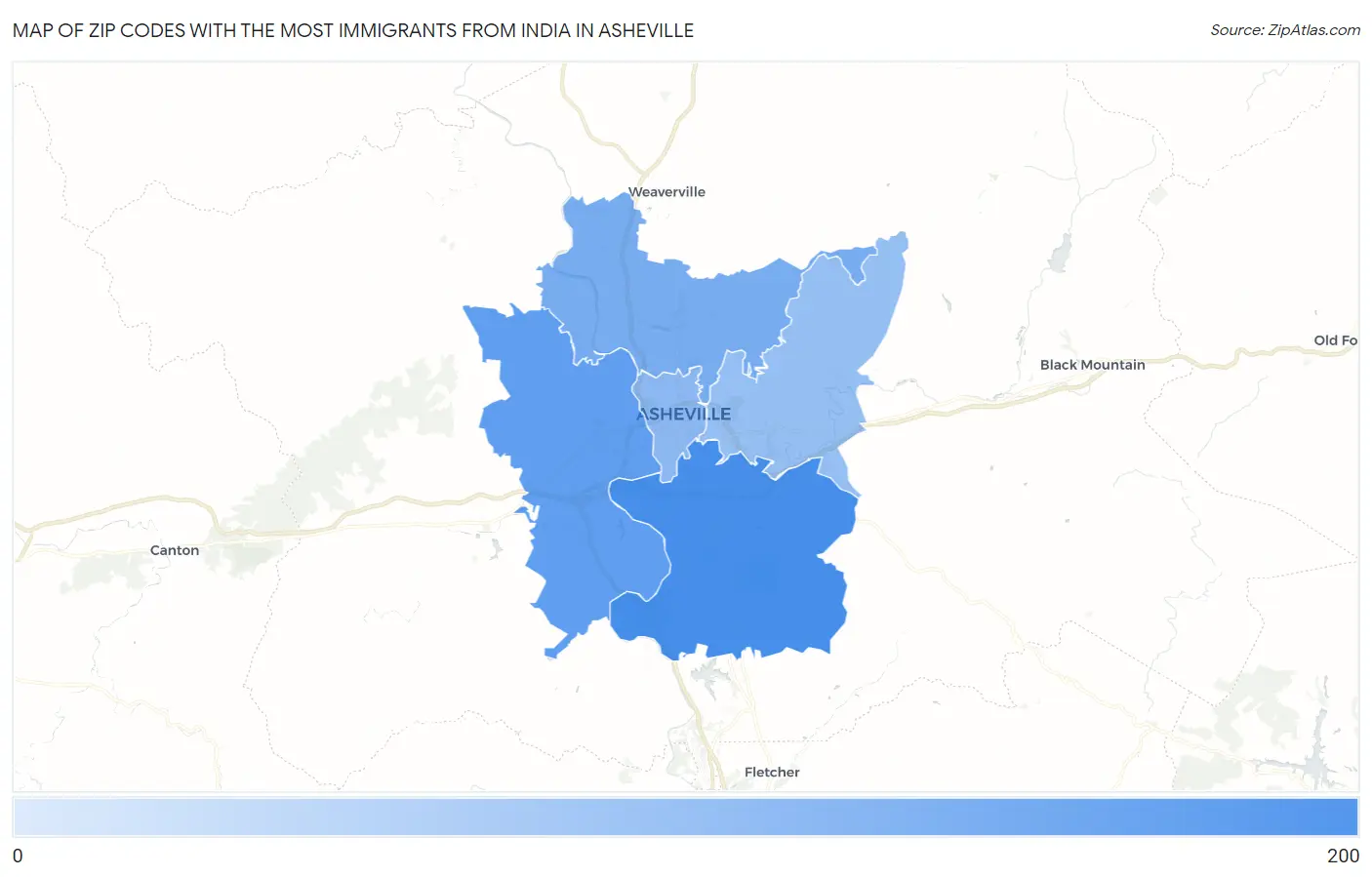 Zip Codes with the Most Immigrants from India in Asheville Map