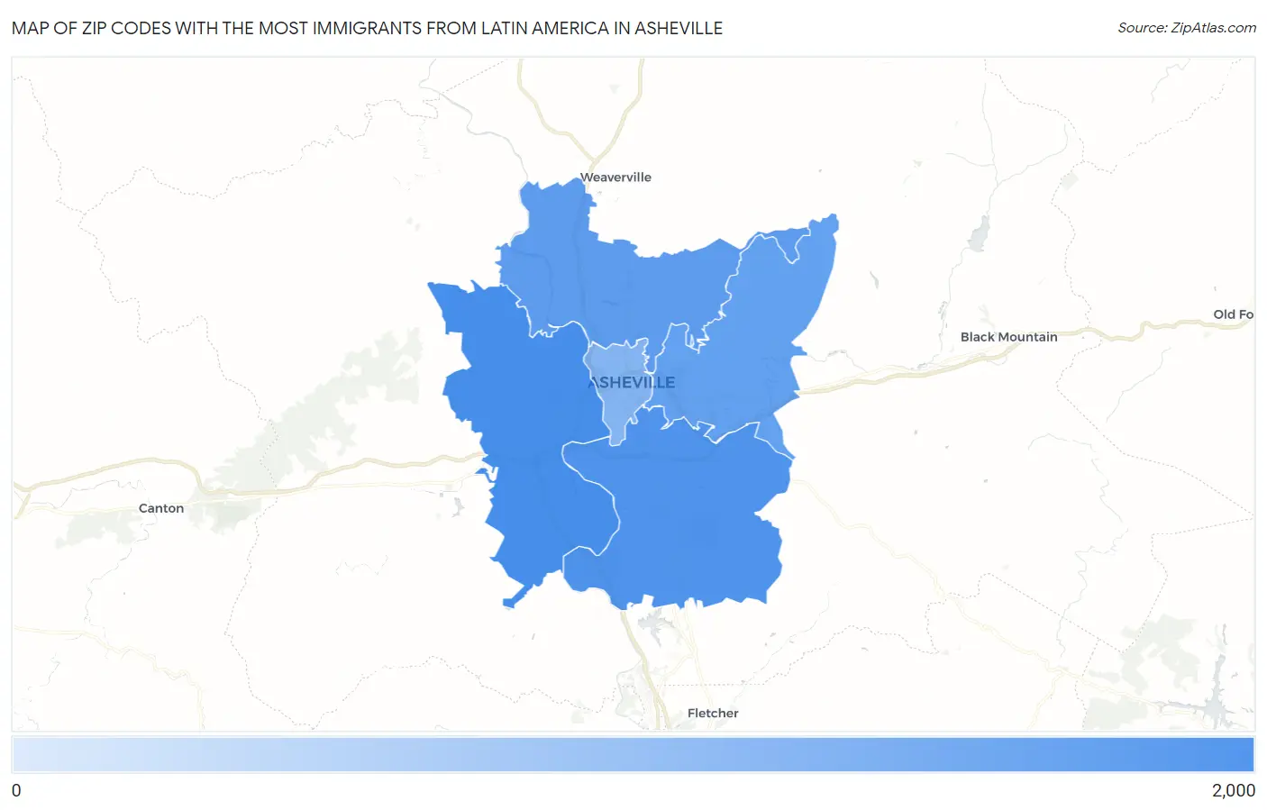 Zip Codes with the Most Immigrants from Latin America in Asheville Map