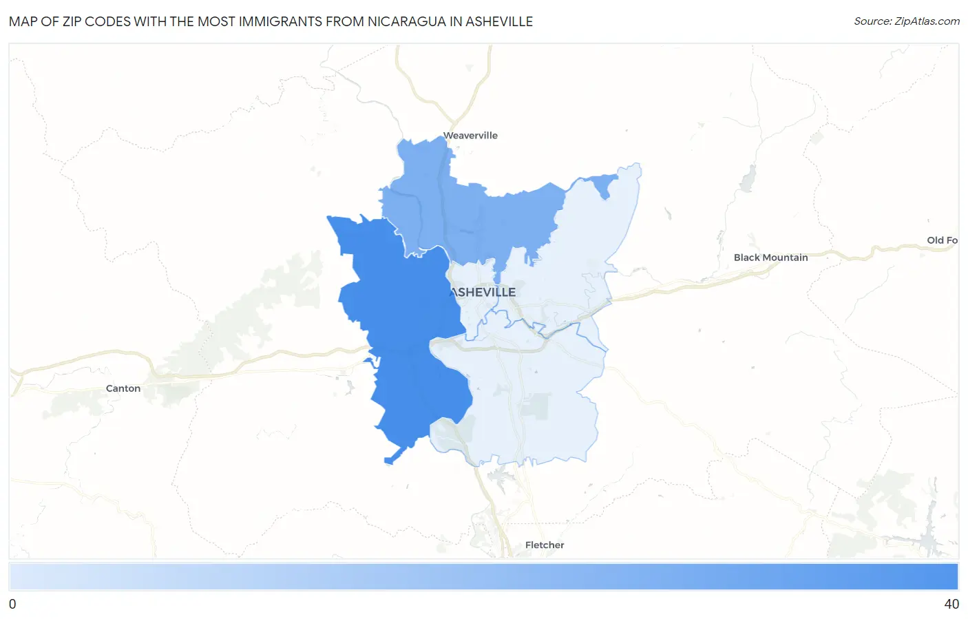 Zip Codes with the Most Immigrants from Nicaragua in Asheville Map