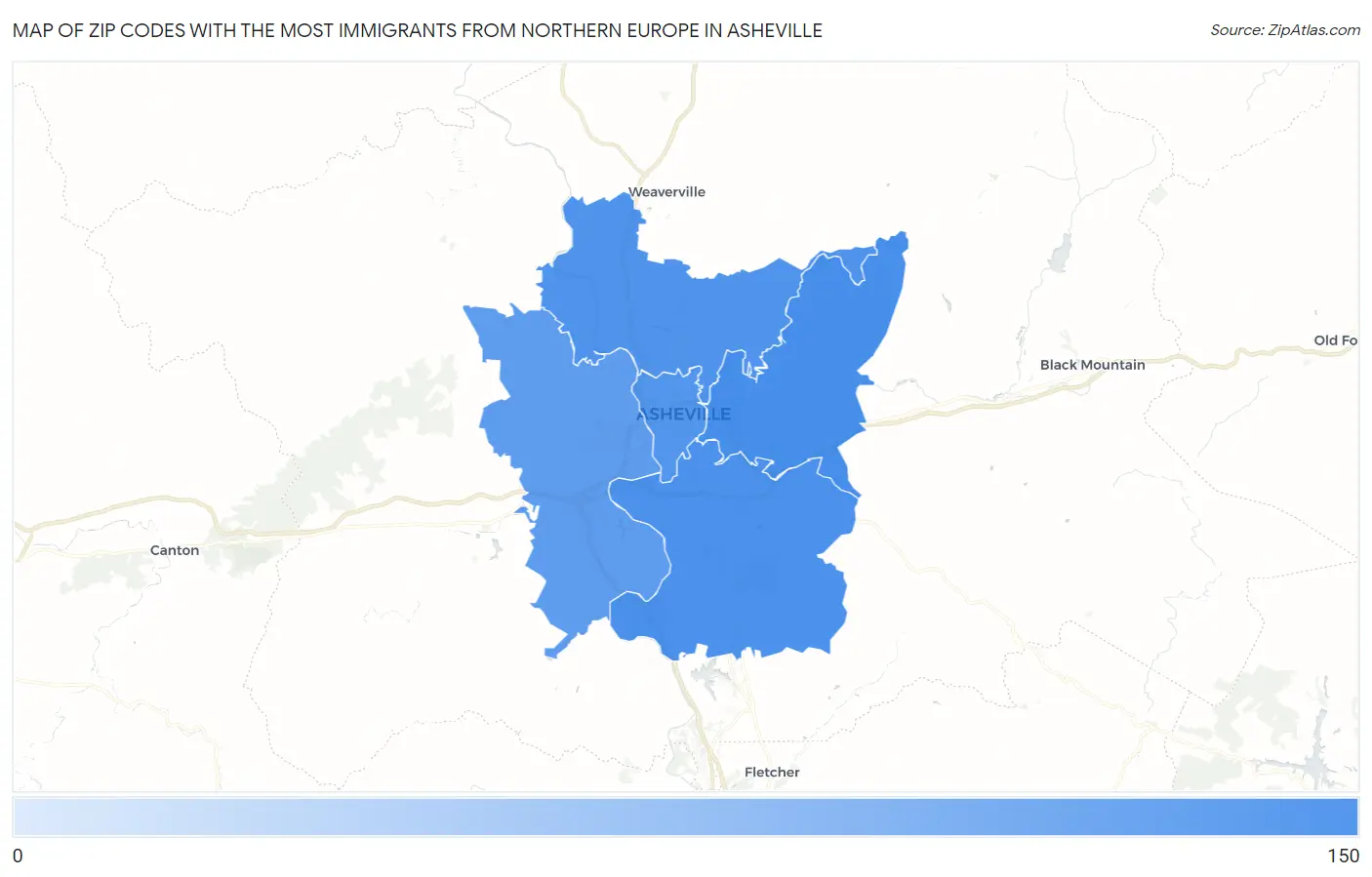 Zip Codes with the Most Immigrants from Northern Europe in Asheville Map