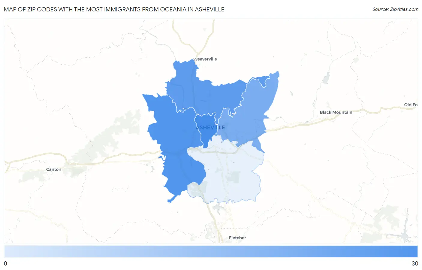 Zip Codes with the Most Immigrants from Oceania in Asheville Map