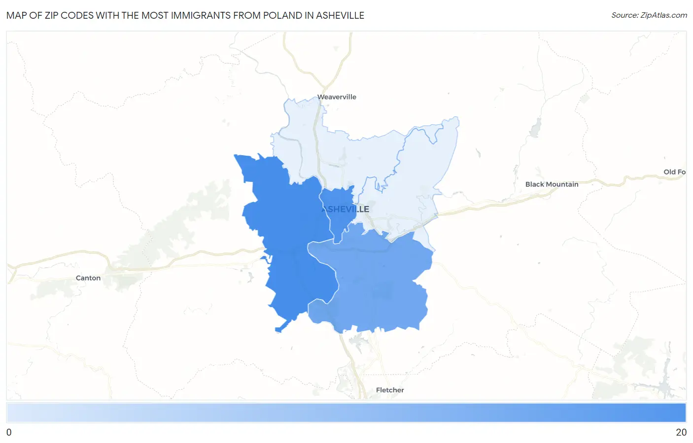 Zip Codes with the Most Immigrants from Poland in Asheville Map