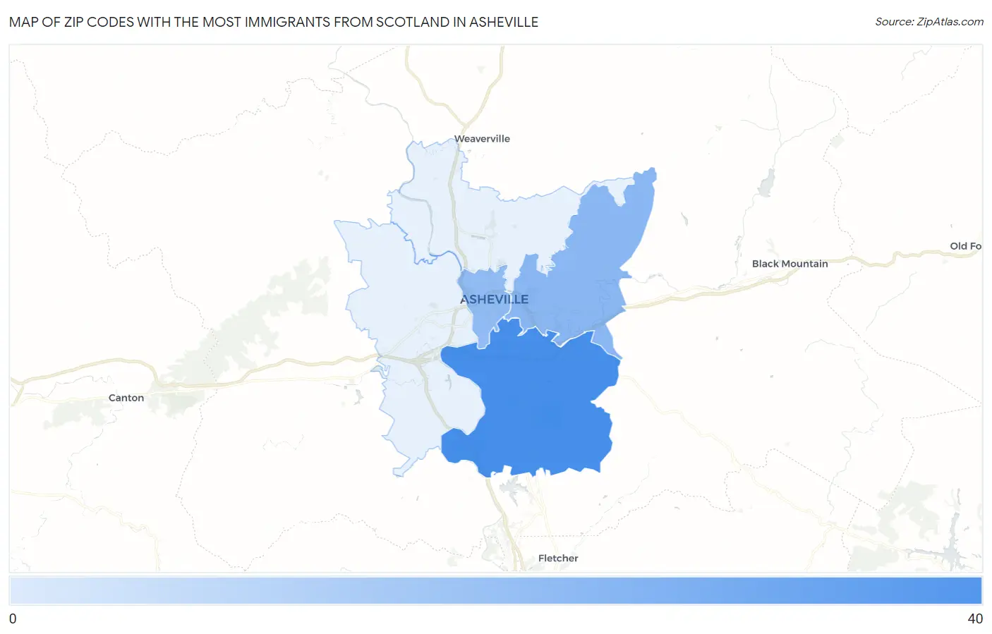 Zip Codes with the Most Immigrants from Scotland in Asheville Map