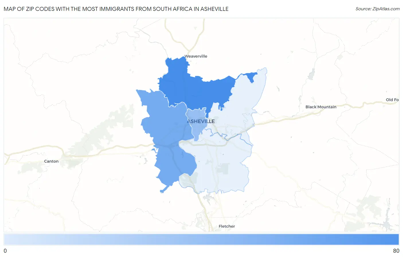 Zip Codes with the Most Immigrants from South Africa in Asheville Map