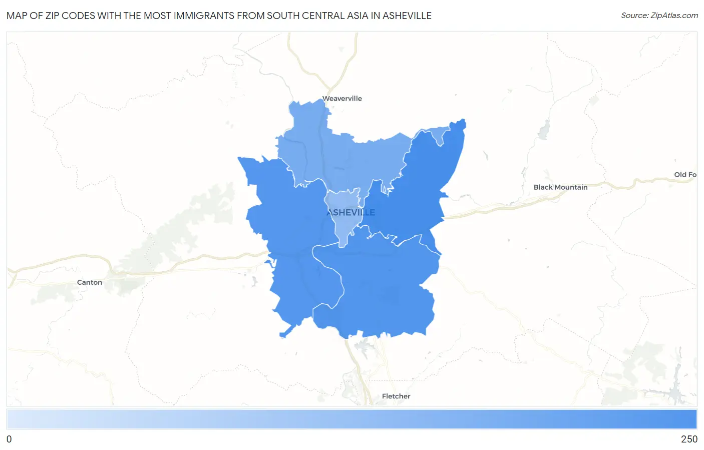 Zip Codes with the Most Immigrants from South Central Asia in Asheville Map