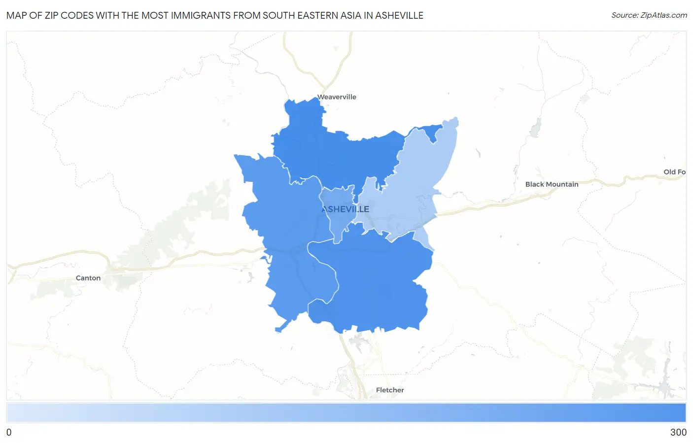 Zip Codes with the Most Immigrants from South Eastern Asia in Asheville Map