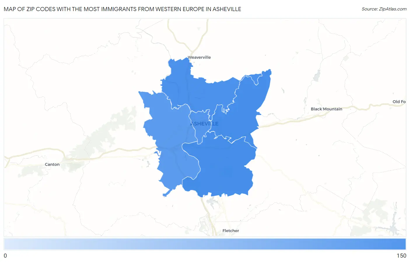Zip Codes with the Most Immigrants from Western Europe in Asheville Map