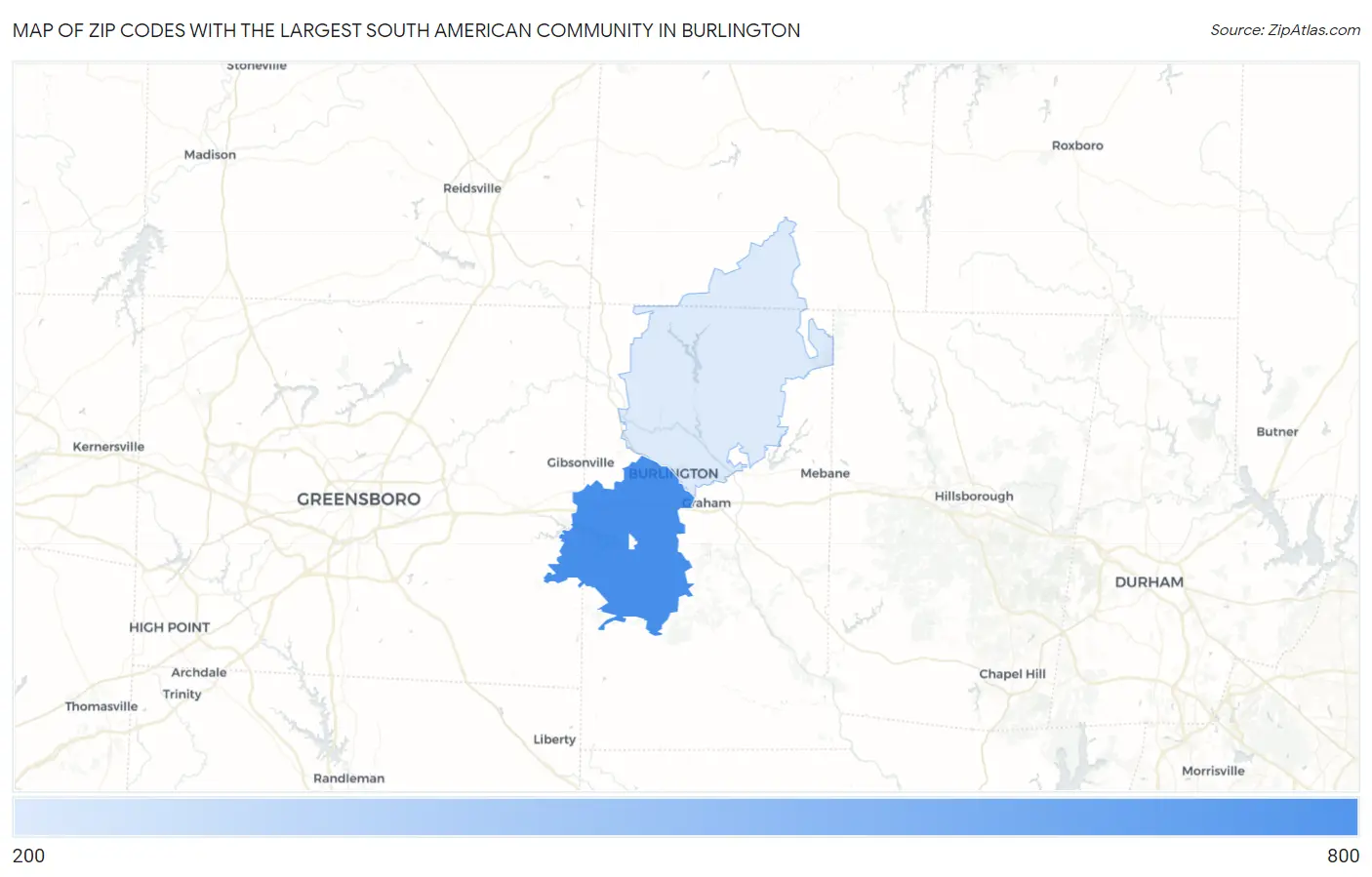 Zip Codes with the Largest South American Community in Burlington Map