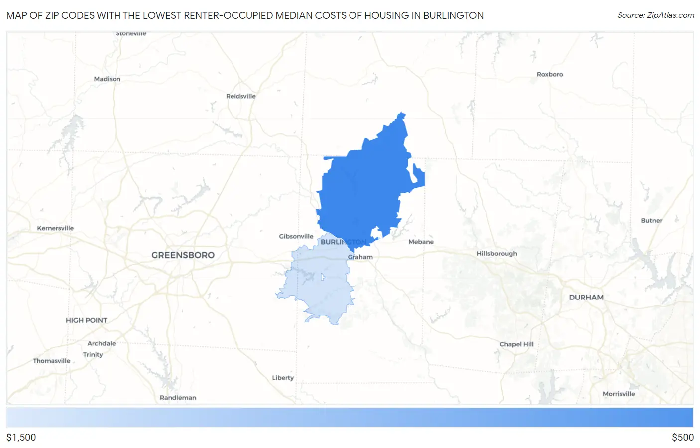 Zip Codes with the Lowest Renter-Occupied Median Costs of Housing in Burlington Map