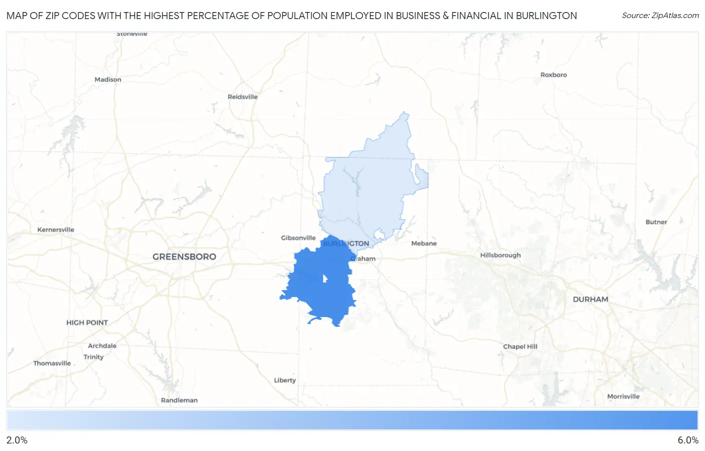 Zip Codes with the Highest Percentage of Population Employed in Business & Financial in Burlington Map