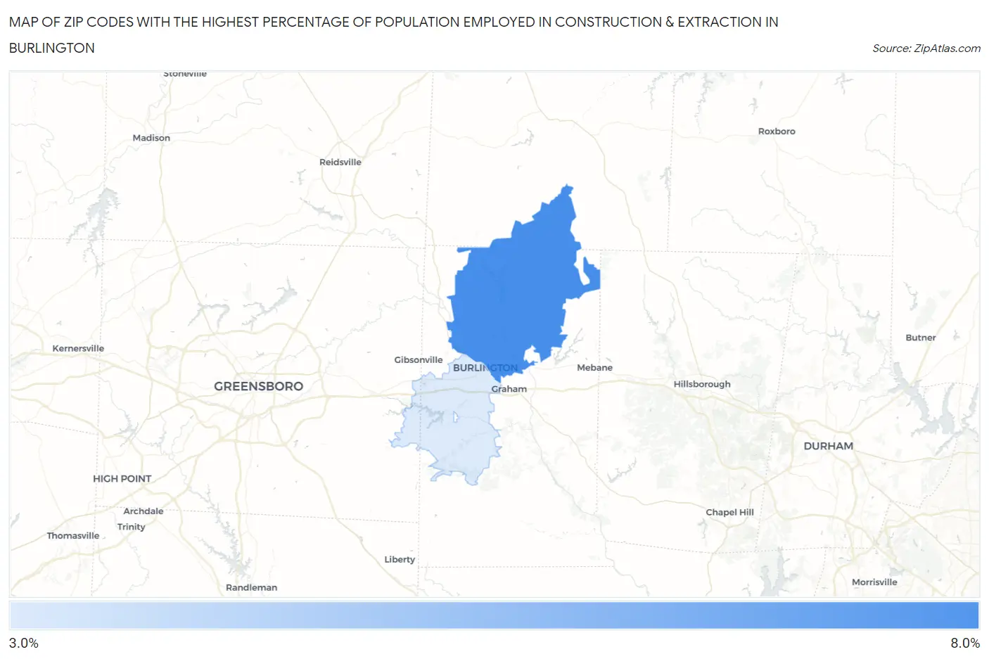 Zip Codes with the Highest Percentage of Population Employed in Construction & Extraction in Burlington Map