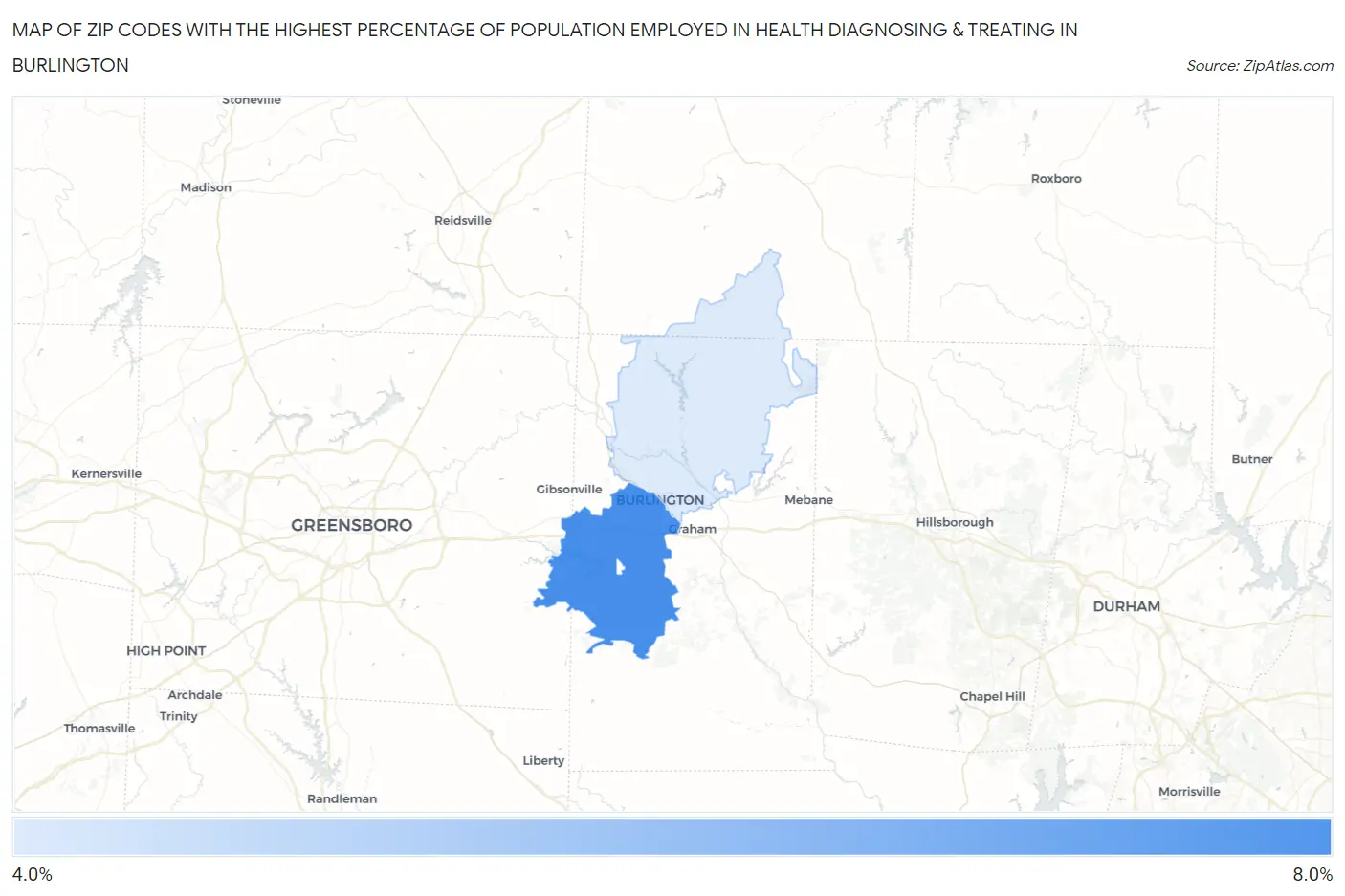 Zip Codes with the Highest Percentage of Population Employed in Health Diagnosing & Treating in Burlington Map