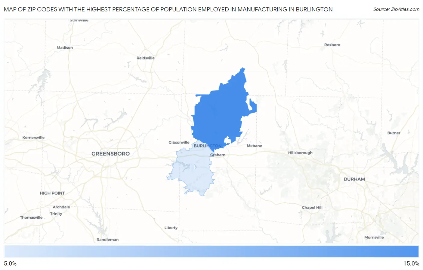 Zip Codes with the Highest Percentage of Population Employed in Manufacturing in Burlington Map