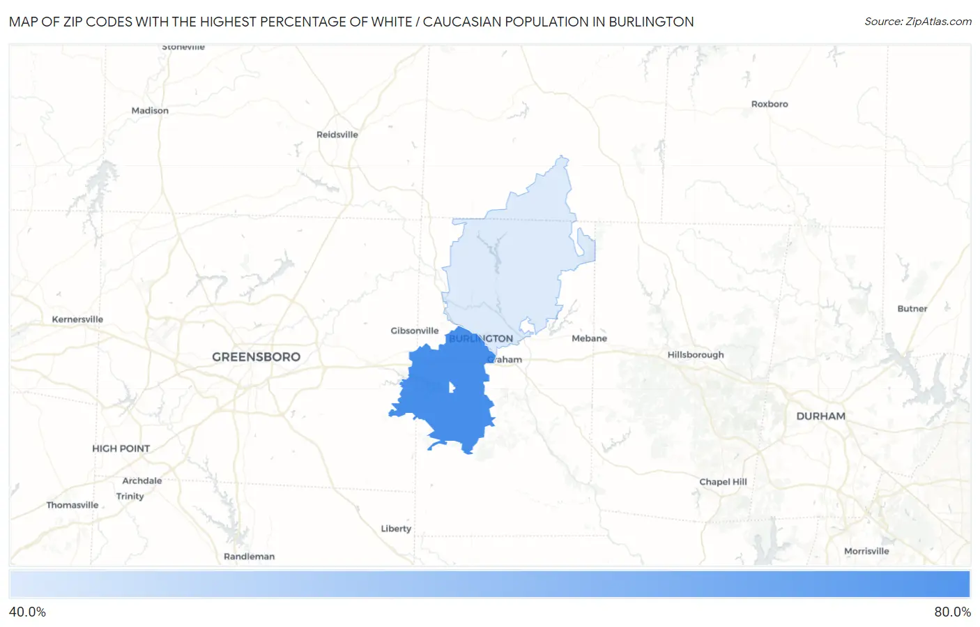 Zip Codes with the Highest Percentage of White / Caucasian Population in Burlington Map