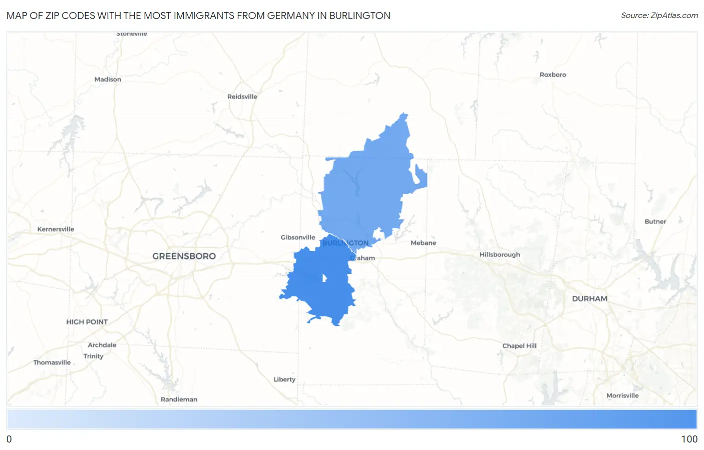 Zip Codes with the Most Immigrants from Germany in Burlington Map