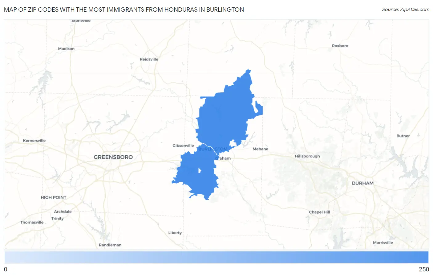 Zip Codes with the Most Immigrants from Honduras in Burlington Map