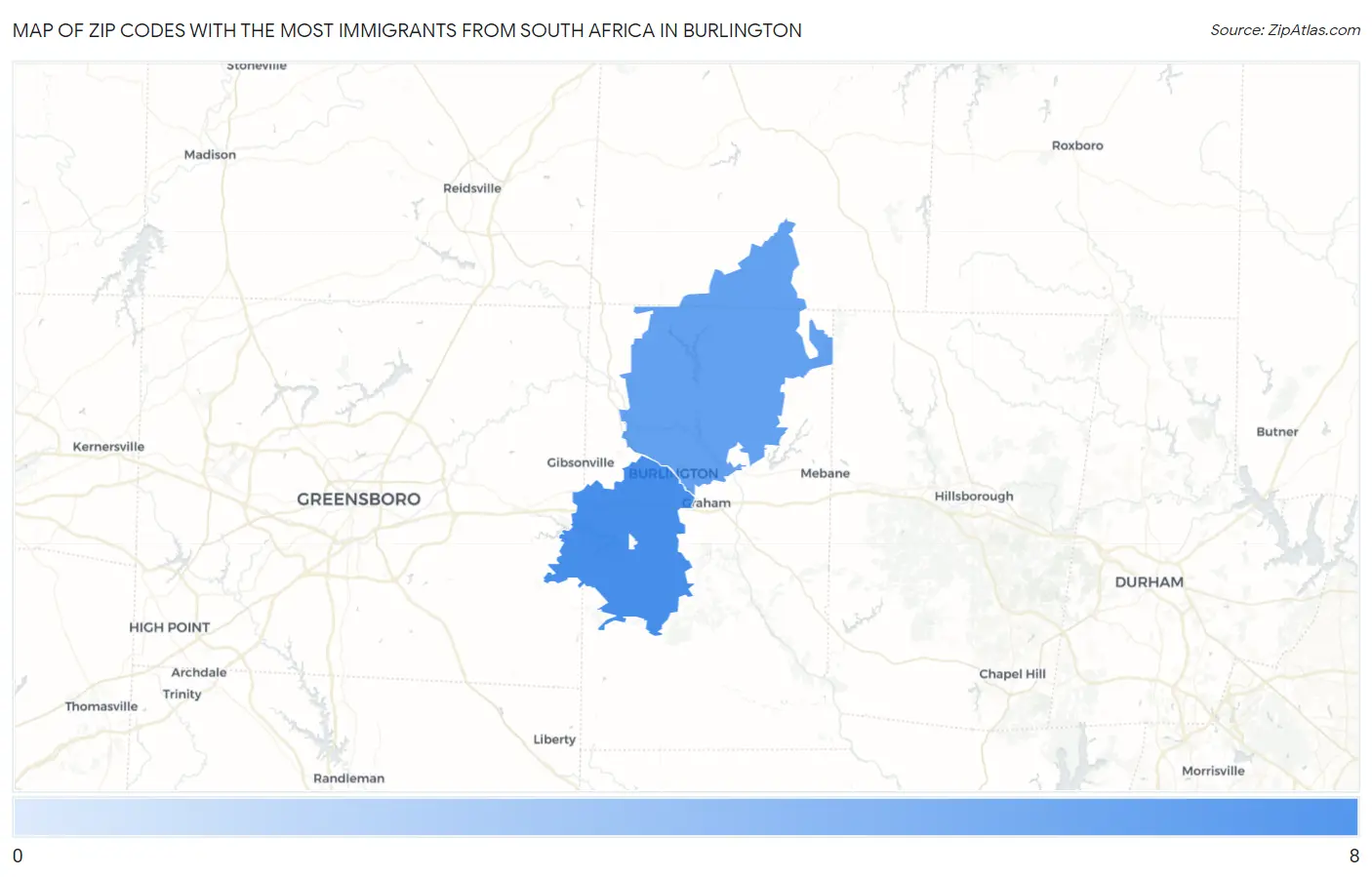 Zip Codes with the Most Immigrants from South Africa in Burlington Map