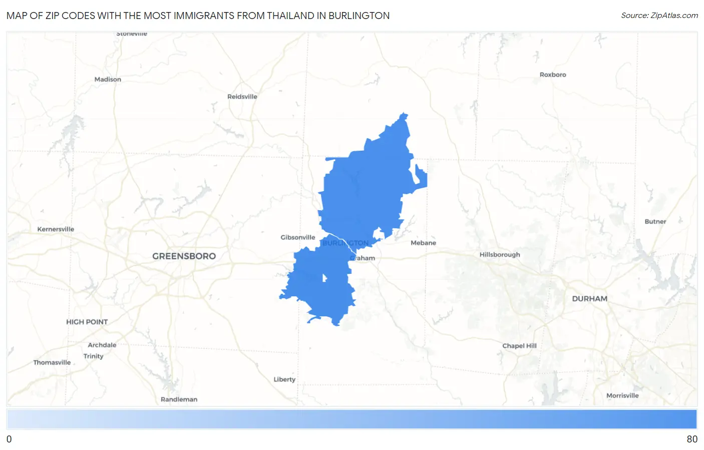 Zip Codes with the Most Immigrants from Thailand in Burlington Map