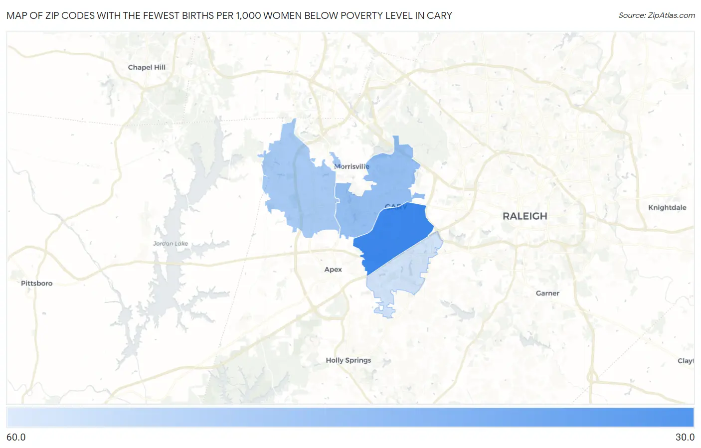 Zip Codes with the Fewest Births per 1,000 Women Below Poverty Level in Cary Map