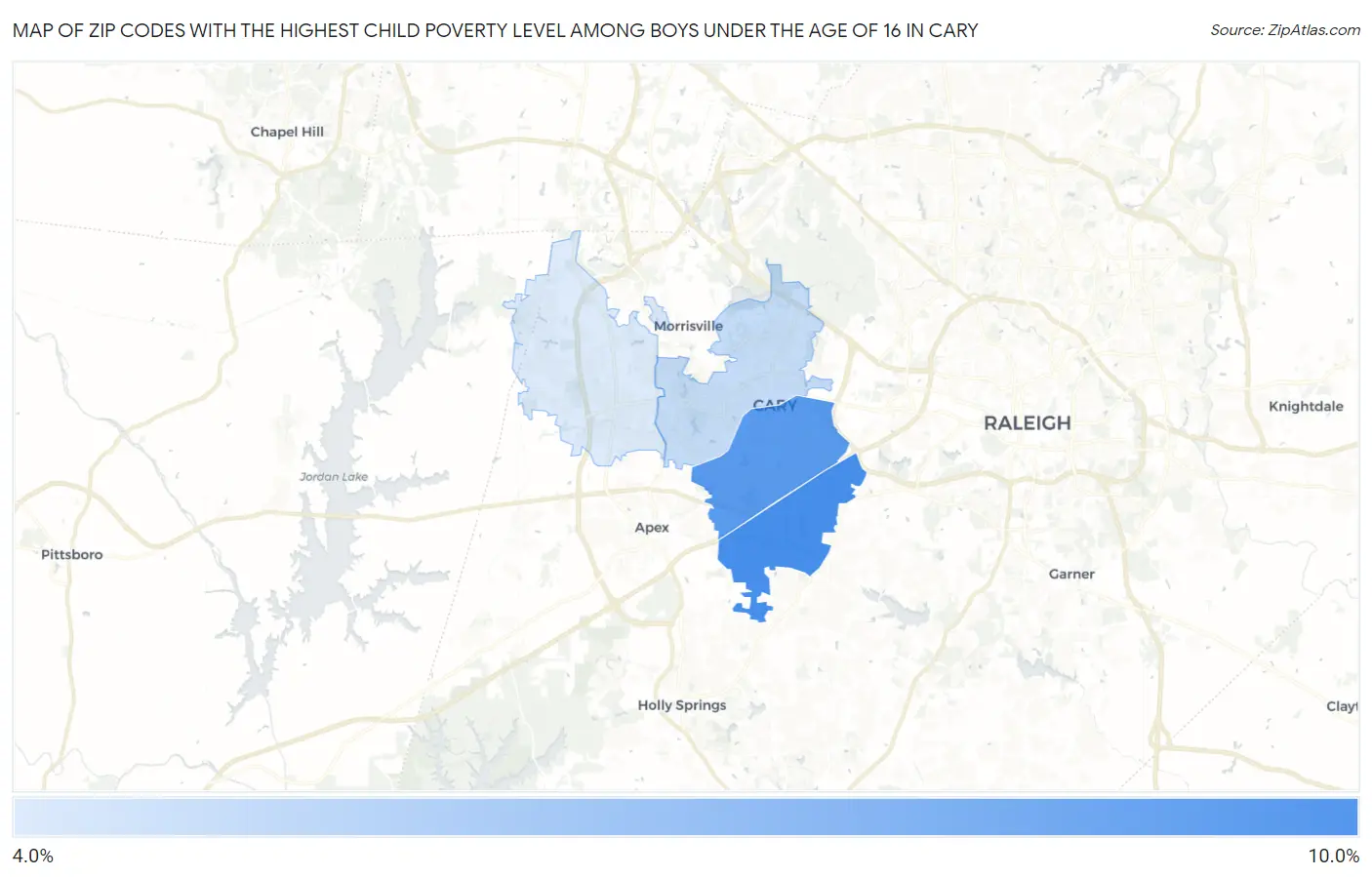 Zip Codes with the Highest Child Poverty Level Among Boys Under the Age of 16 in Cary Map