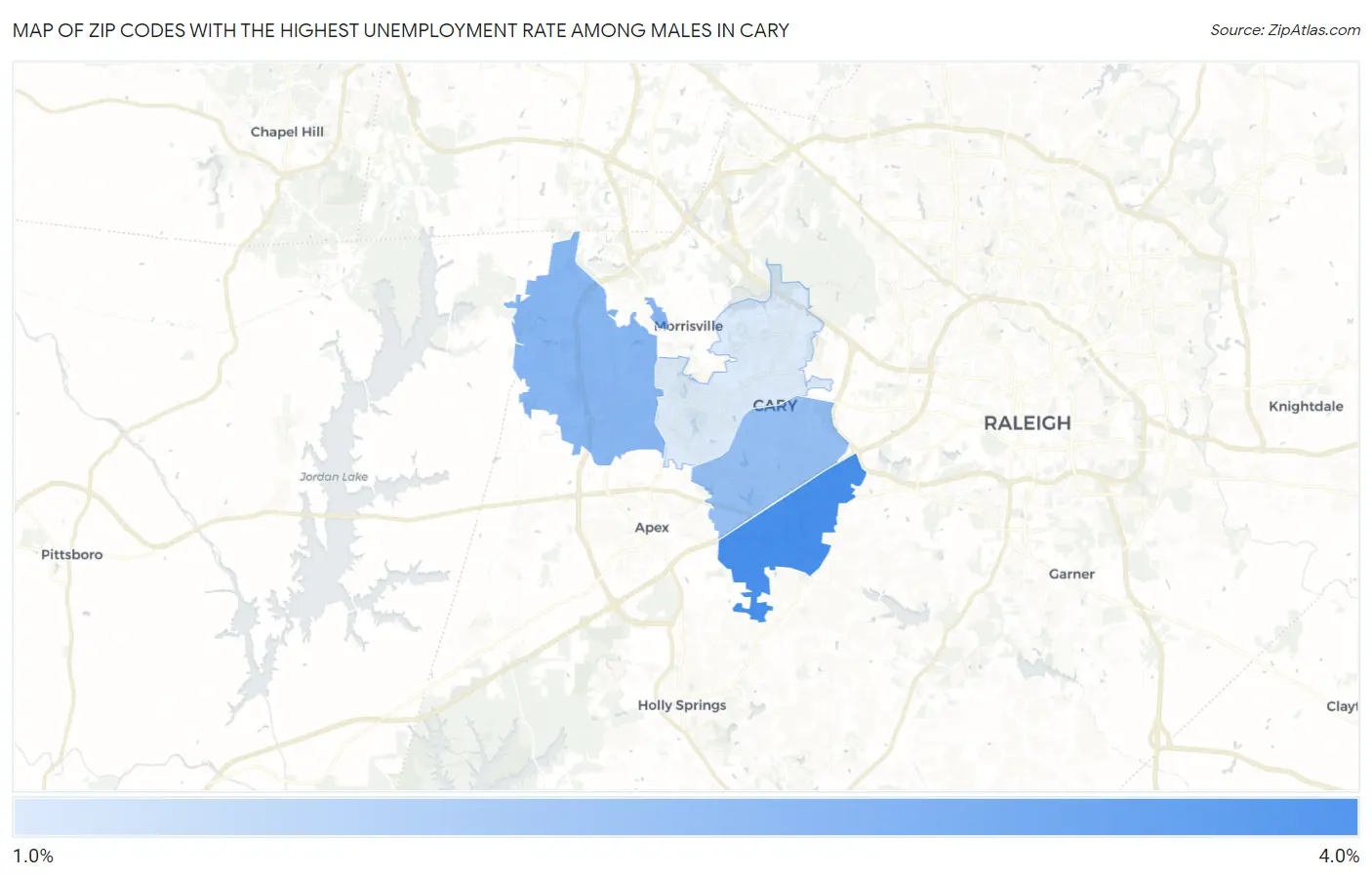 Zip Codes with the Highest Unemployment Rate Among Males in Cary Map