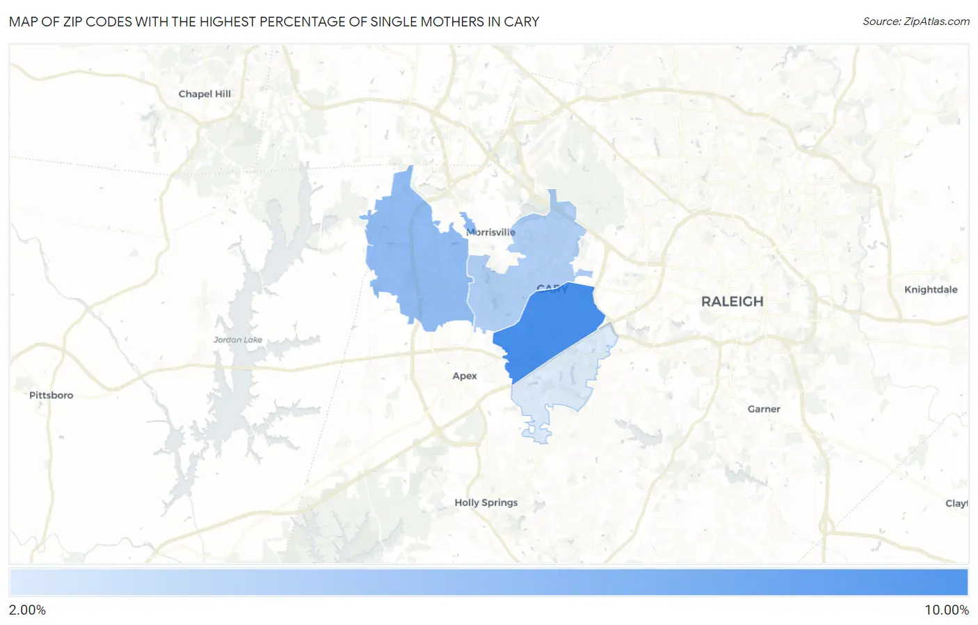 Zip Codes with the Highest Percentage of Single Mothers in Cary Map