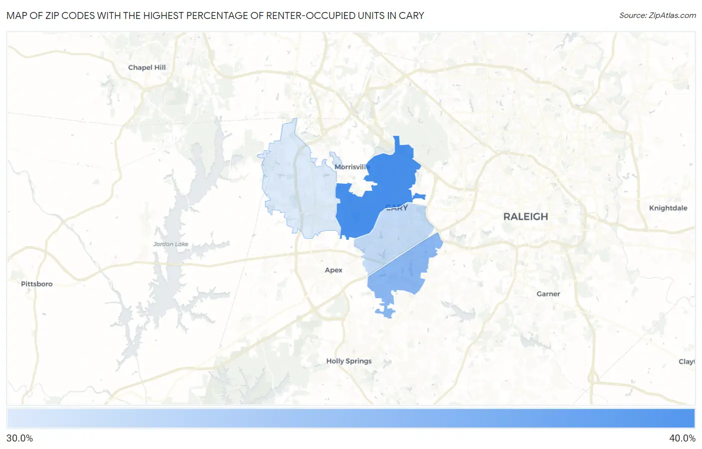 Zip Codes with the Highest Percentage of Renter-Occupied Units in Cary Map