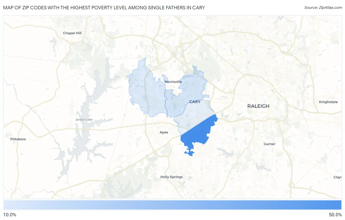 Zip Codes with the Highest Poverty Level Among Single Fathers in Cary Map