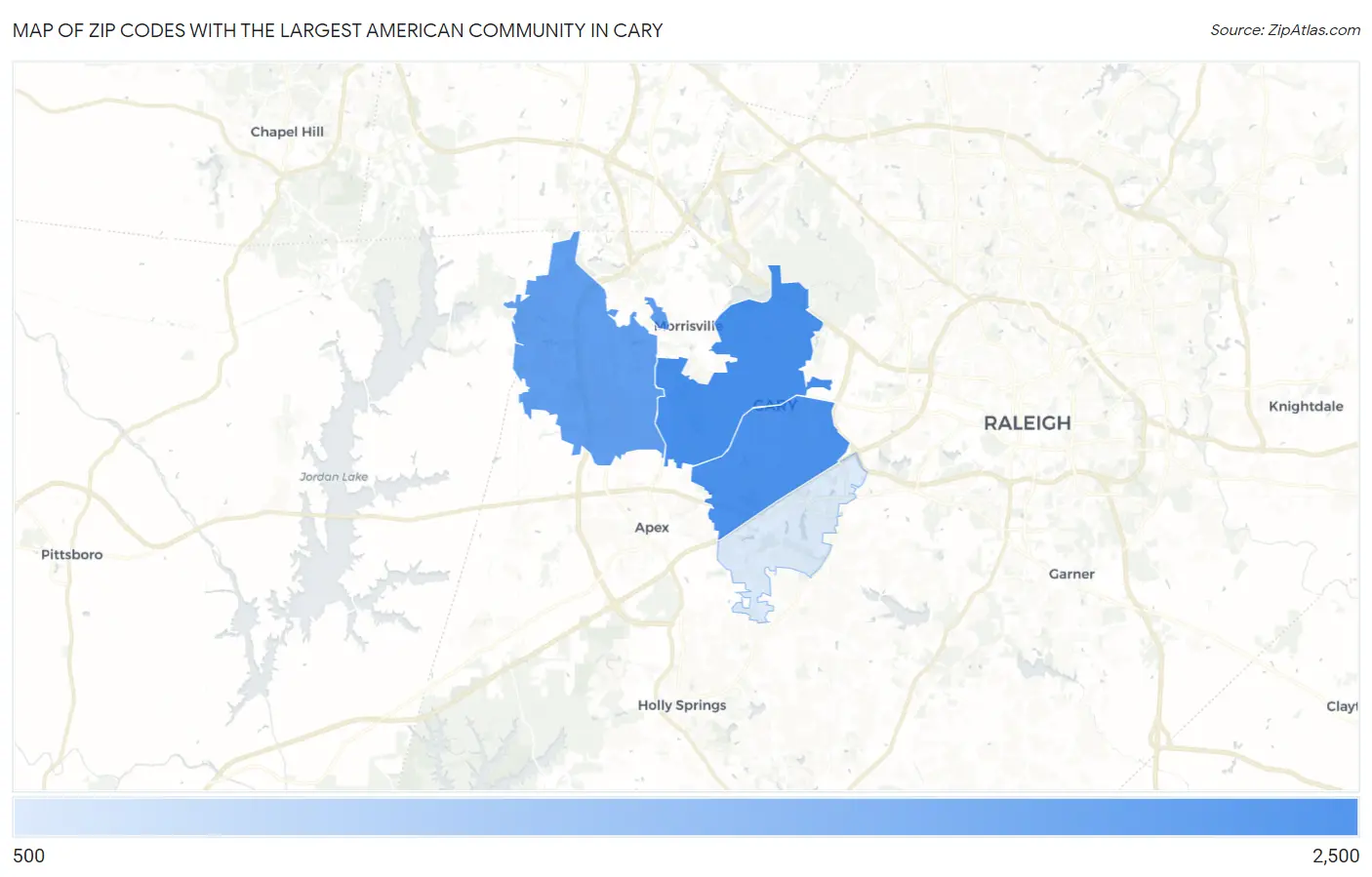 Zip Codes with the Largest American Community in Cary Map