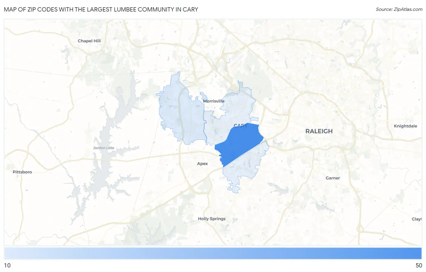 Zip Codes with the Largest Lumbee Community in Cary Map