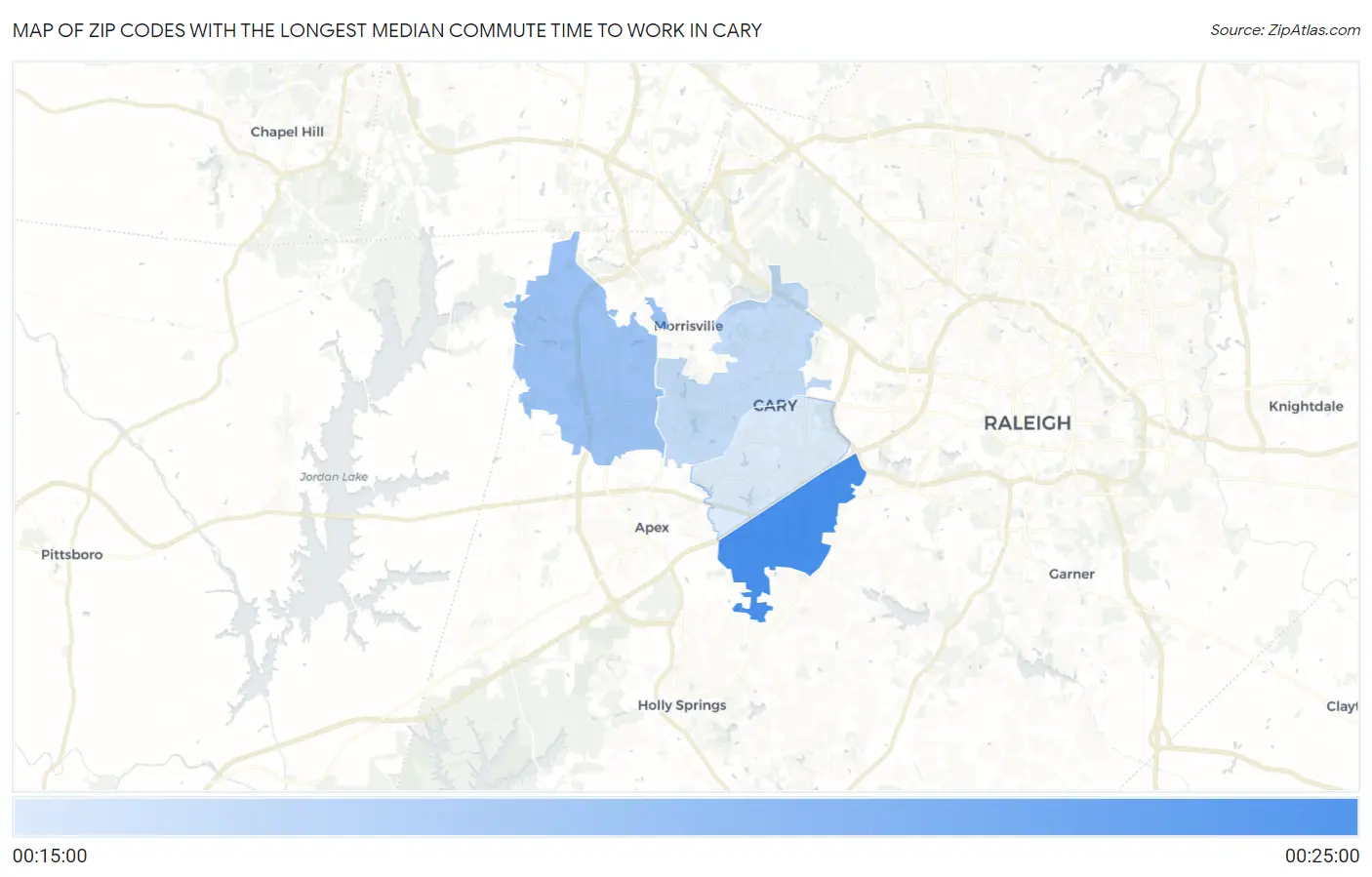 Zip Codes with the Longest Median Commute Time to Work in Cary Map