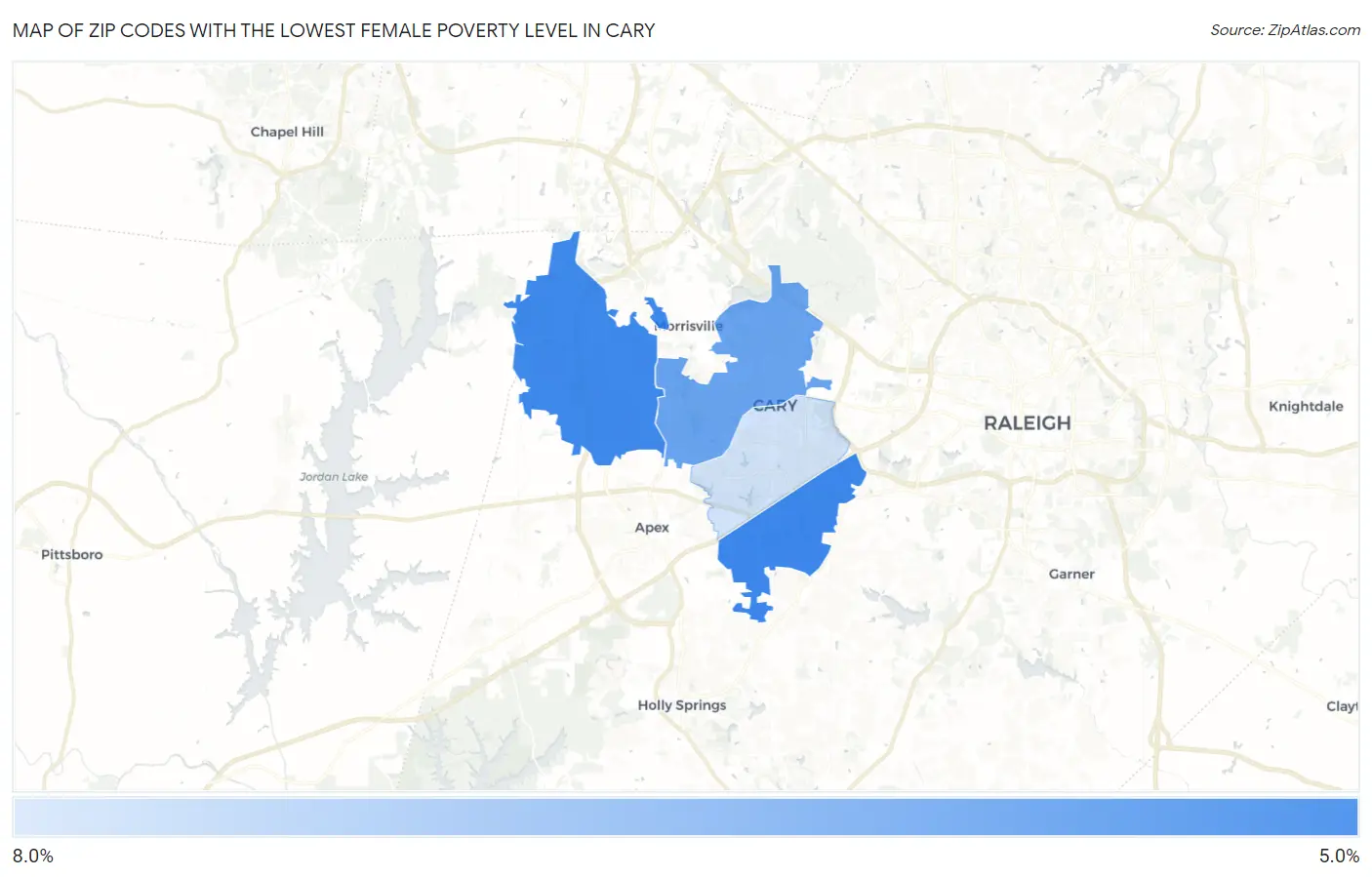 Zip Codes with the Lowest Female Poverty Level in Cary Map