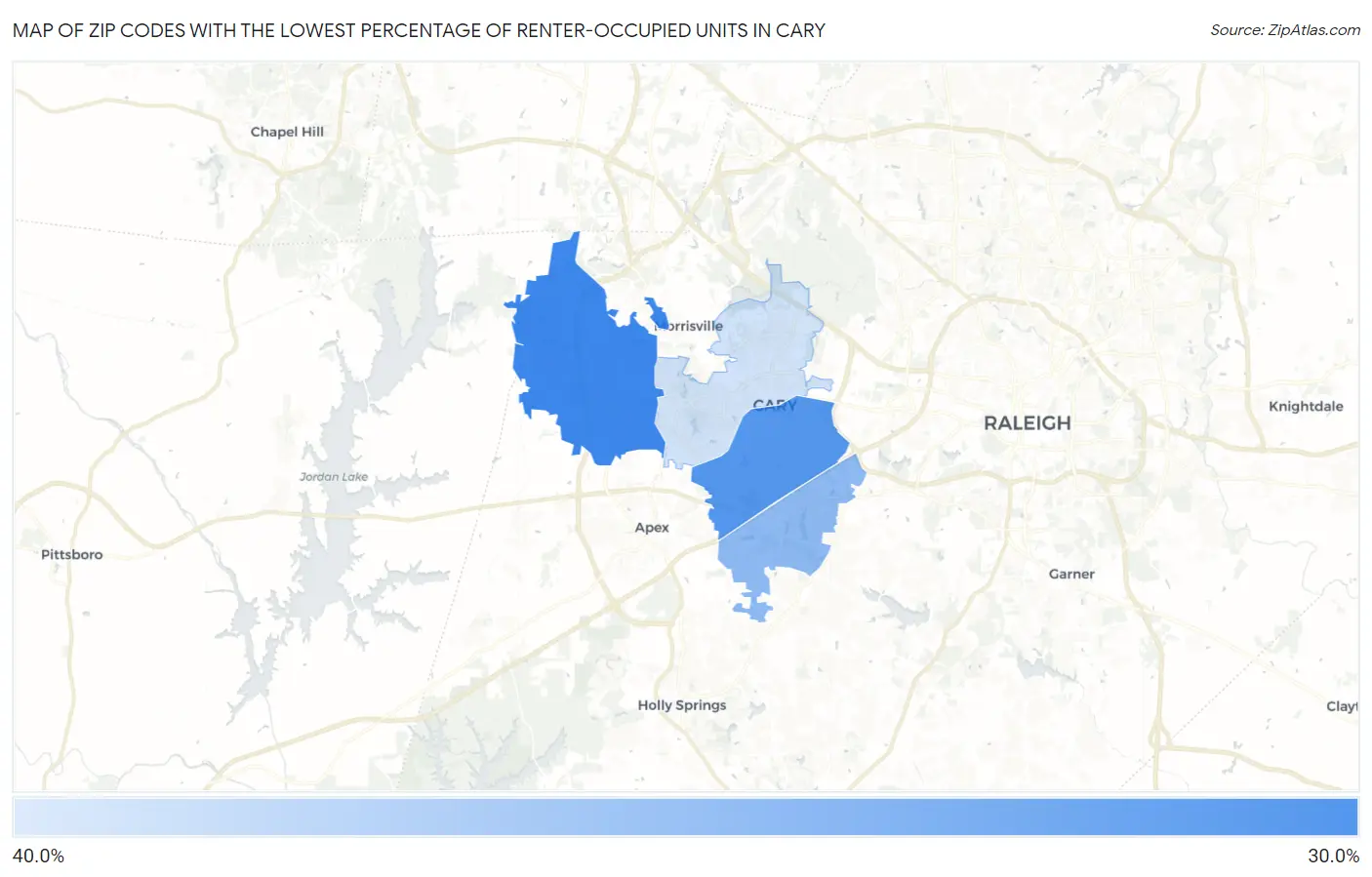 Zip Codes with the Lowest Percentage of Renter-Occupied Units in Cary Map