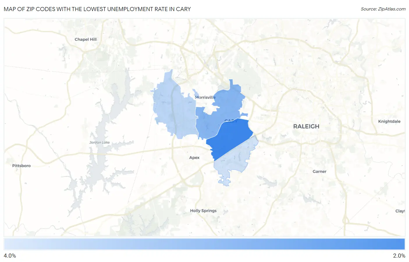 Zip Codes with the Lowest Unemployment Rate in Cary Map
