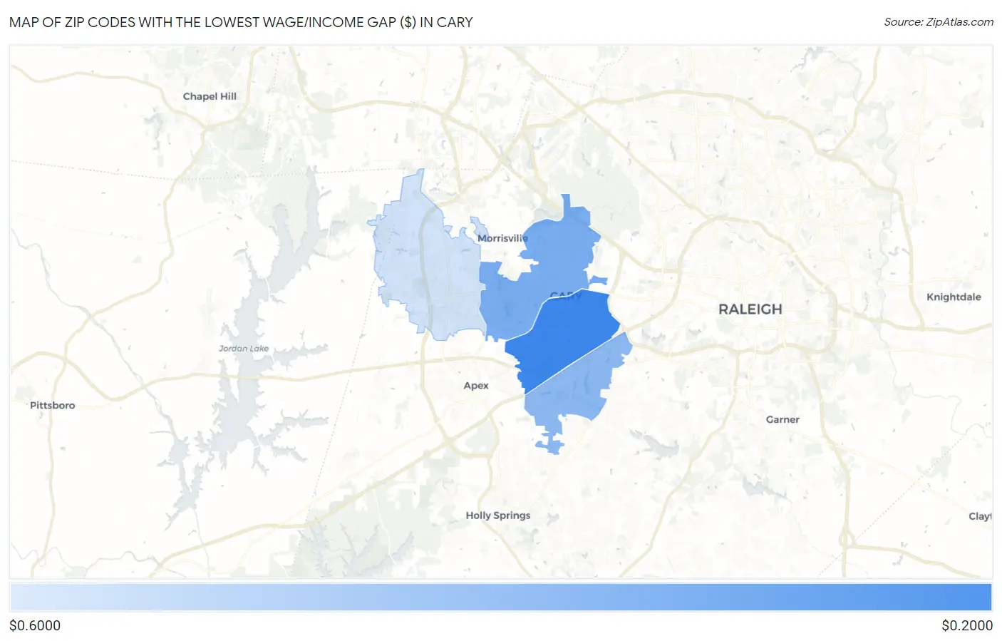 Zip Codes with the Lowest Wage/Income Gap ($) in Cary Map