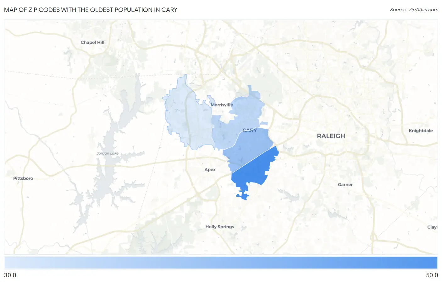 Zip Codes with the Oldest Population in Cary Map