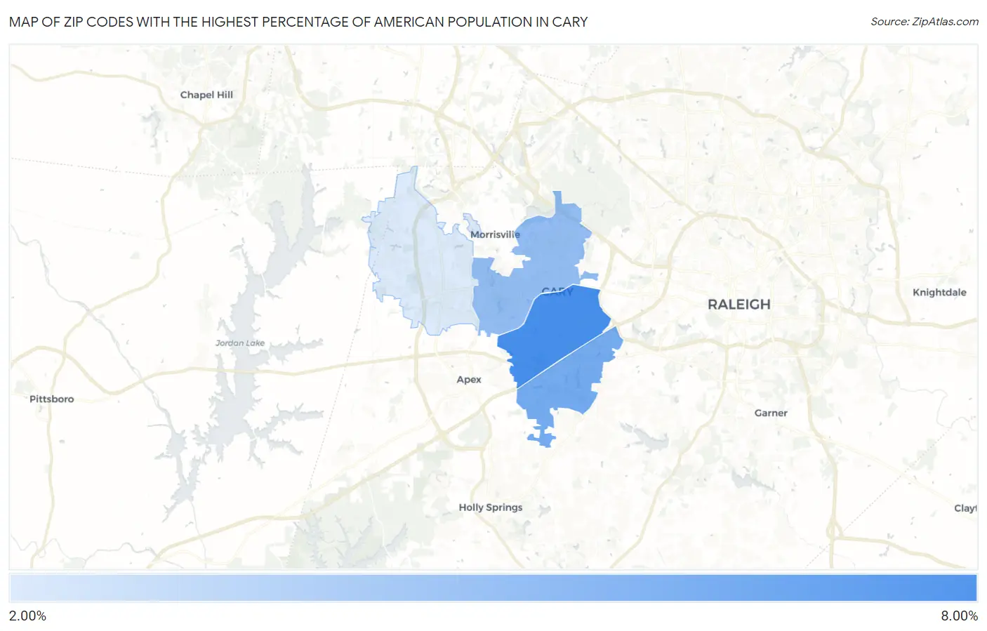 Zip Codes with the Highest Percentage of American Population in Cary Map