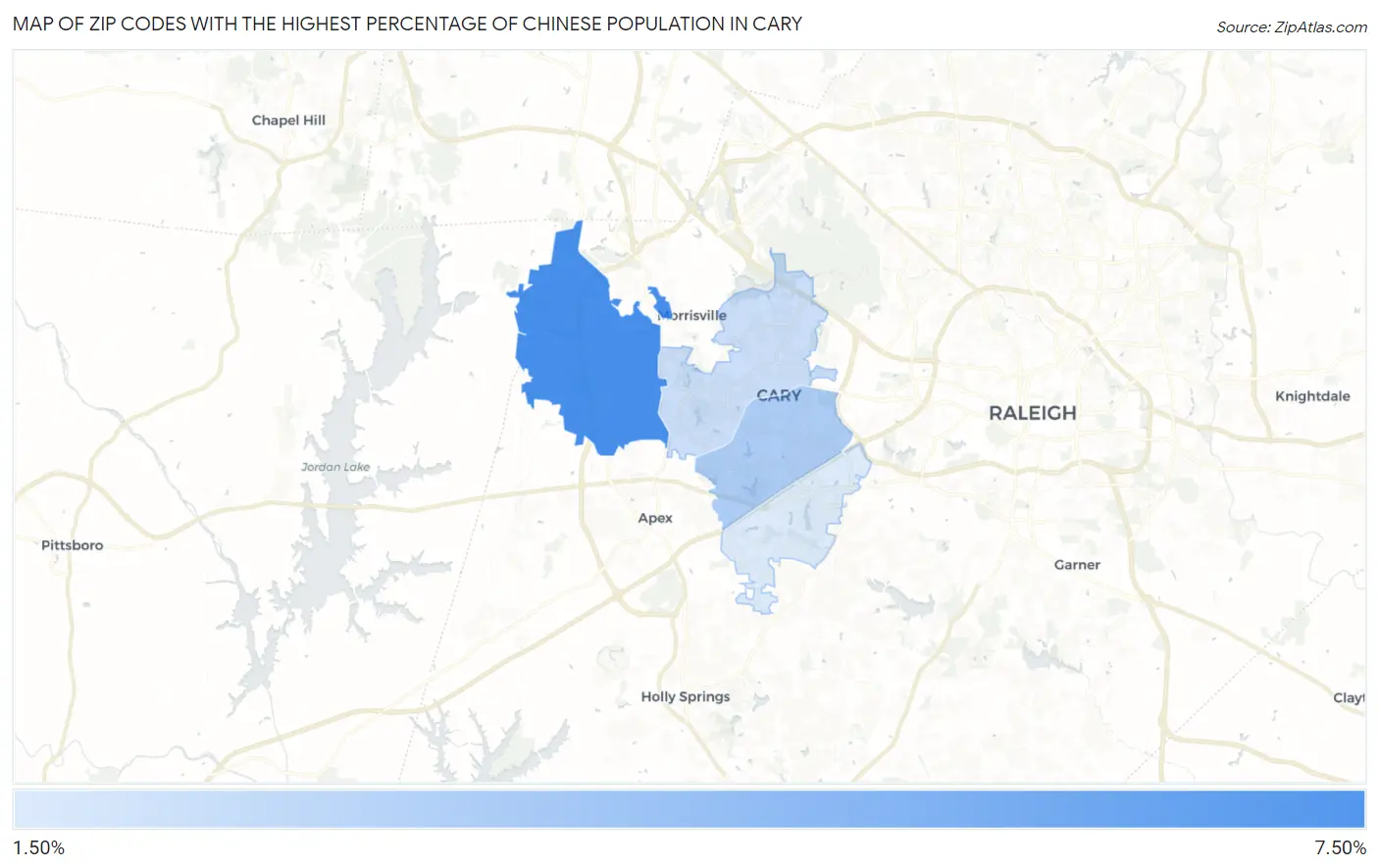 Zip Codes with the Highest Percentage of Chinese Population in Cary Map