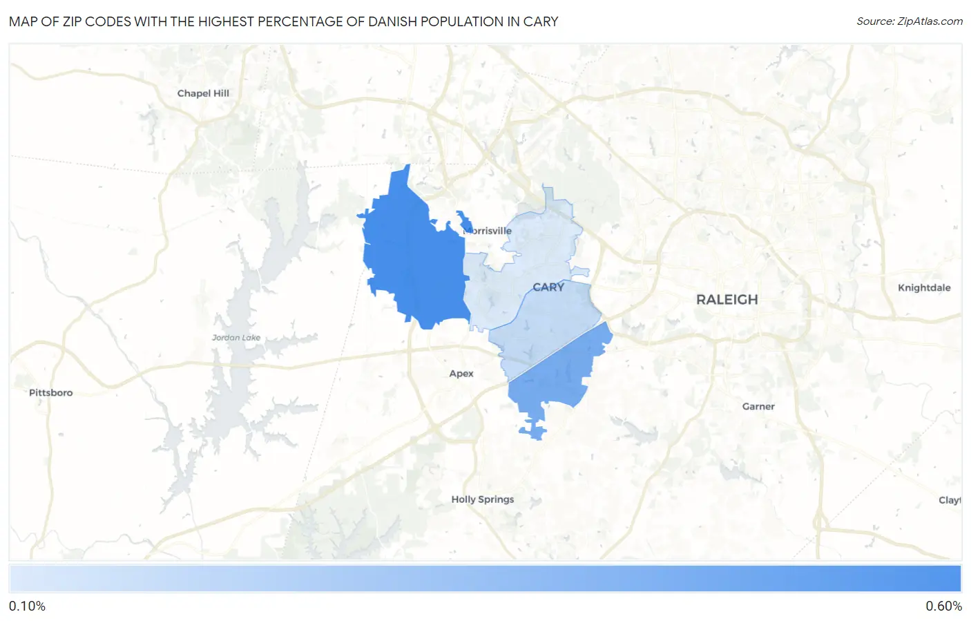Zip Codes with the Highest Percentage of Danish Population in Cary Map