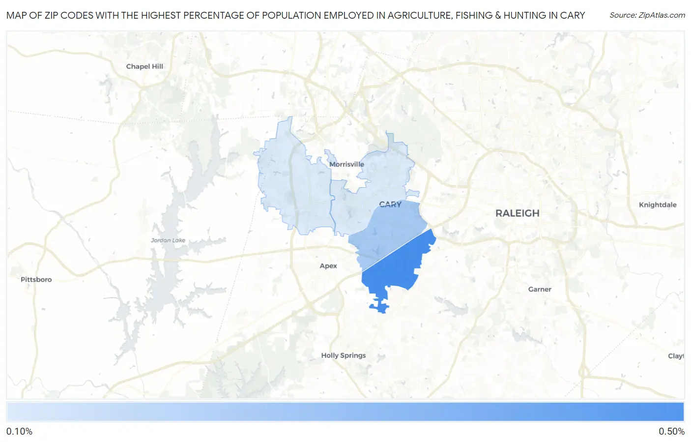 Zip Codes with the Highest Percentage of Population Employed in Agriculture, Fishing & Hunting in Cary Map