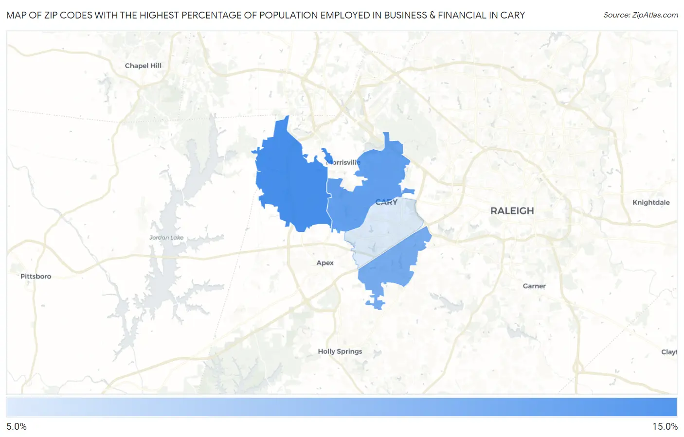 Zip Codes with the Highest Percentage of Population Employed in Business & Financial in Cary Map