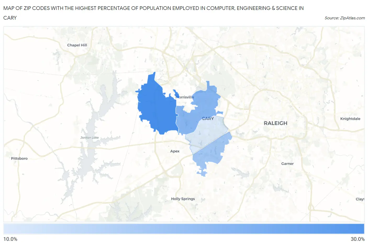 Zip Codes with the Highest Percentage of Population Employed in Computer, Engineering & Science in Cary Map